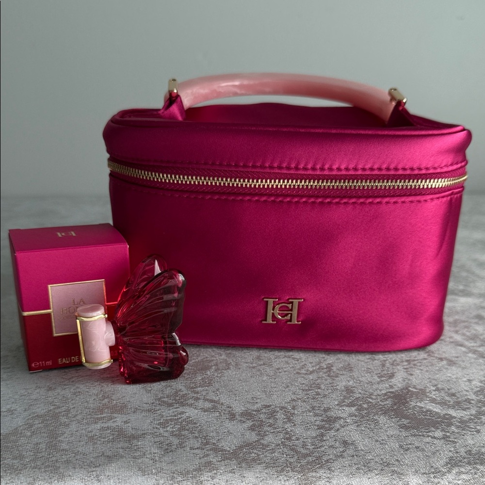 Carolina Herrera Fuchsia Satin Cosmetic Case with Gold Hardware
